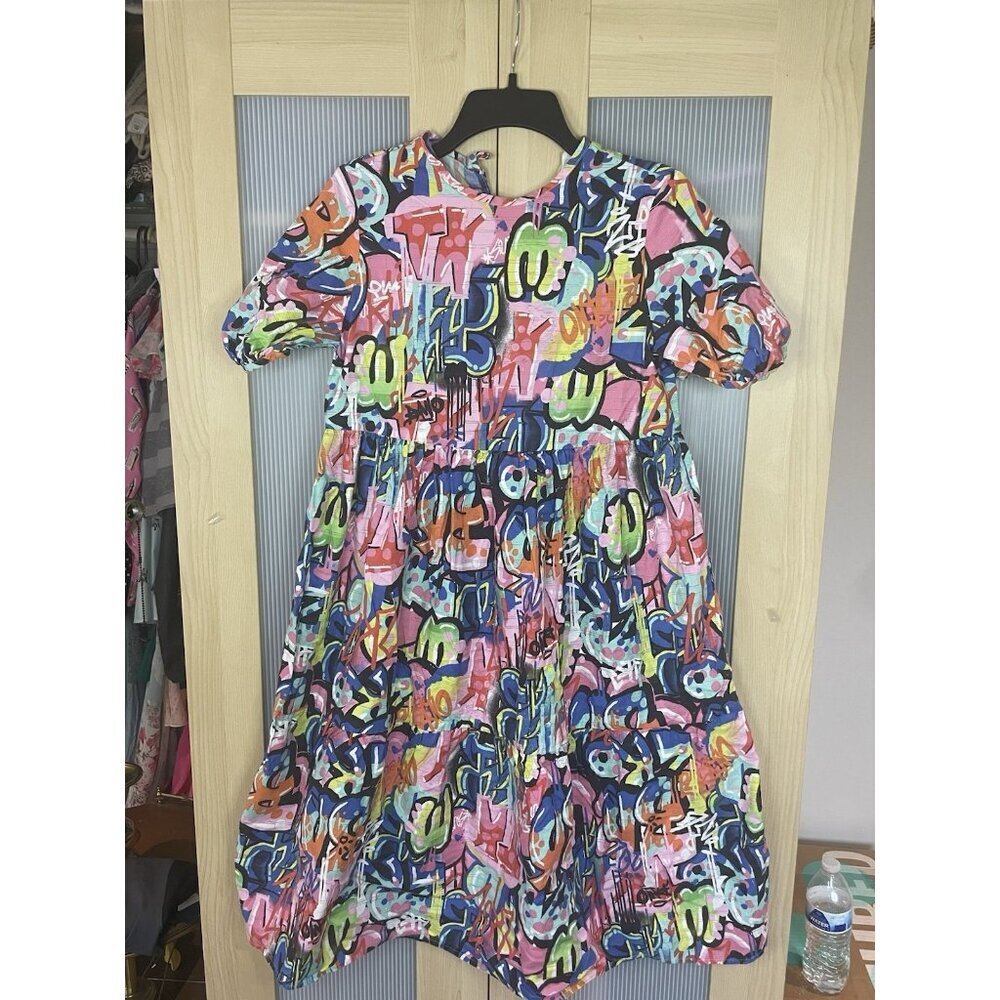 Casey Marks Womens Cotton Dress Sz S/M Floral Puff Sleeve Ruffle Hem Midi Summer